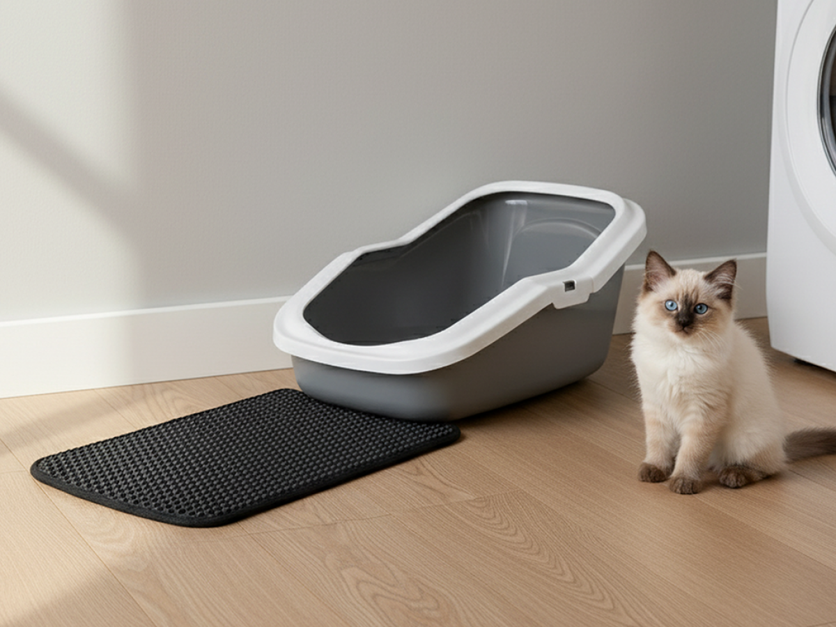 Savic Litter Catcher Mat Nestor &amp; Aseo Black, placed in front of a matching litter box