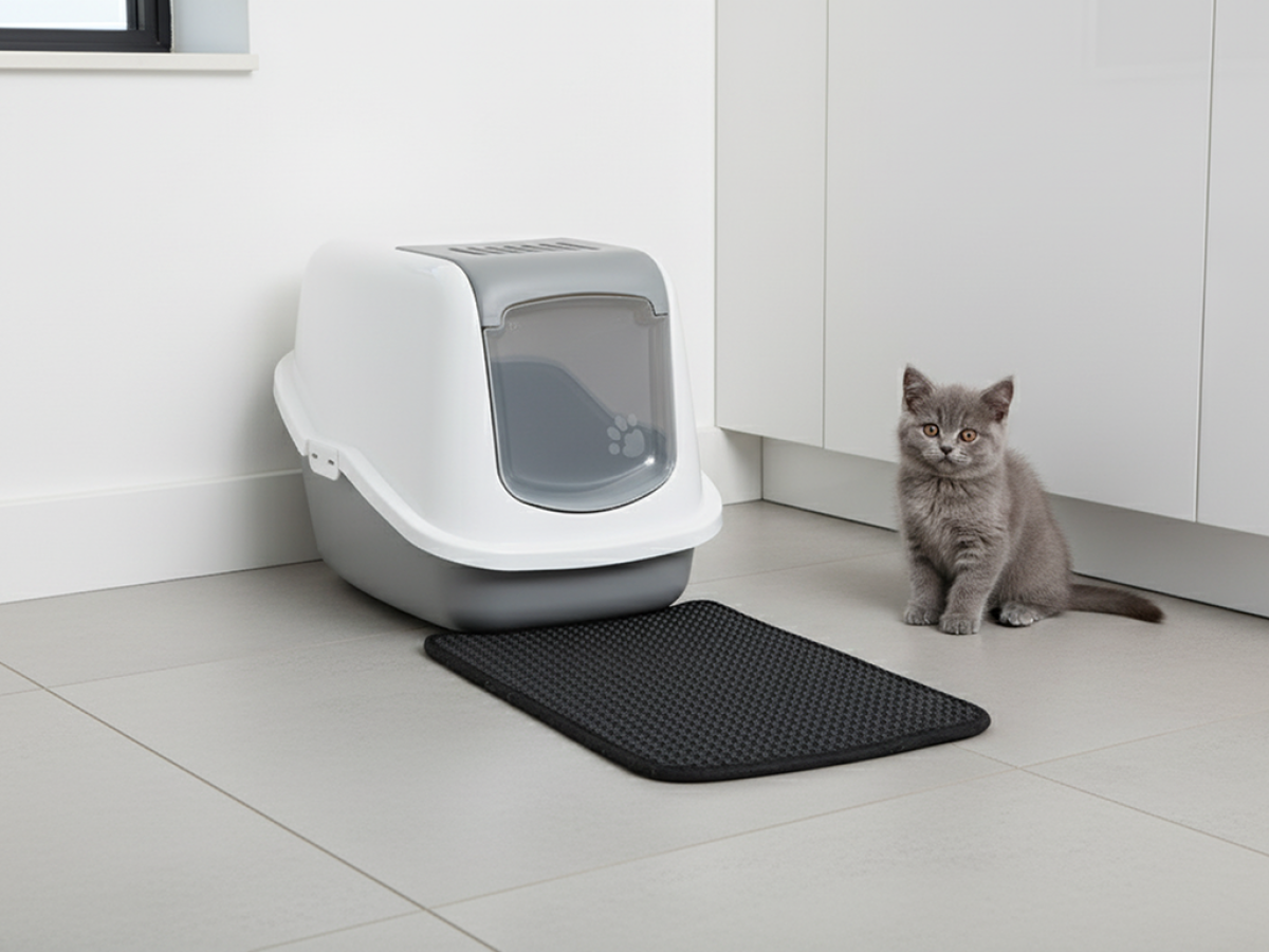 Savic Litter Catcher Mat Nestor &amp; Aseo Black, placed in front of a matching litter box
