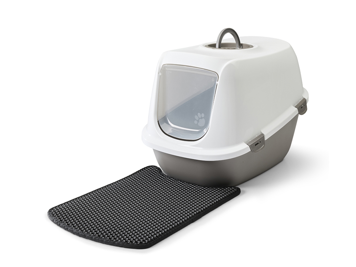 Savic Leo Warm Grey large hooded cat litter box with transparent swing door and white hood.