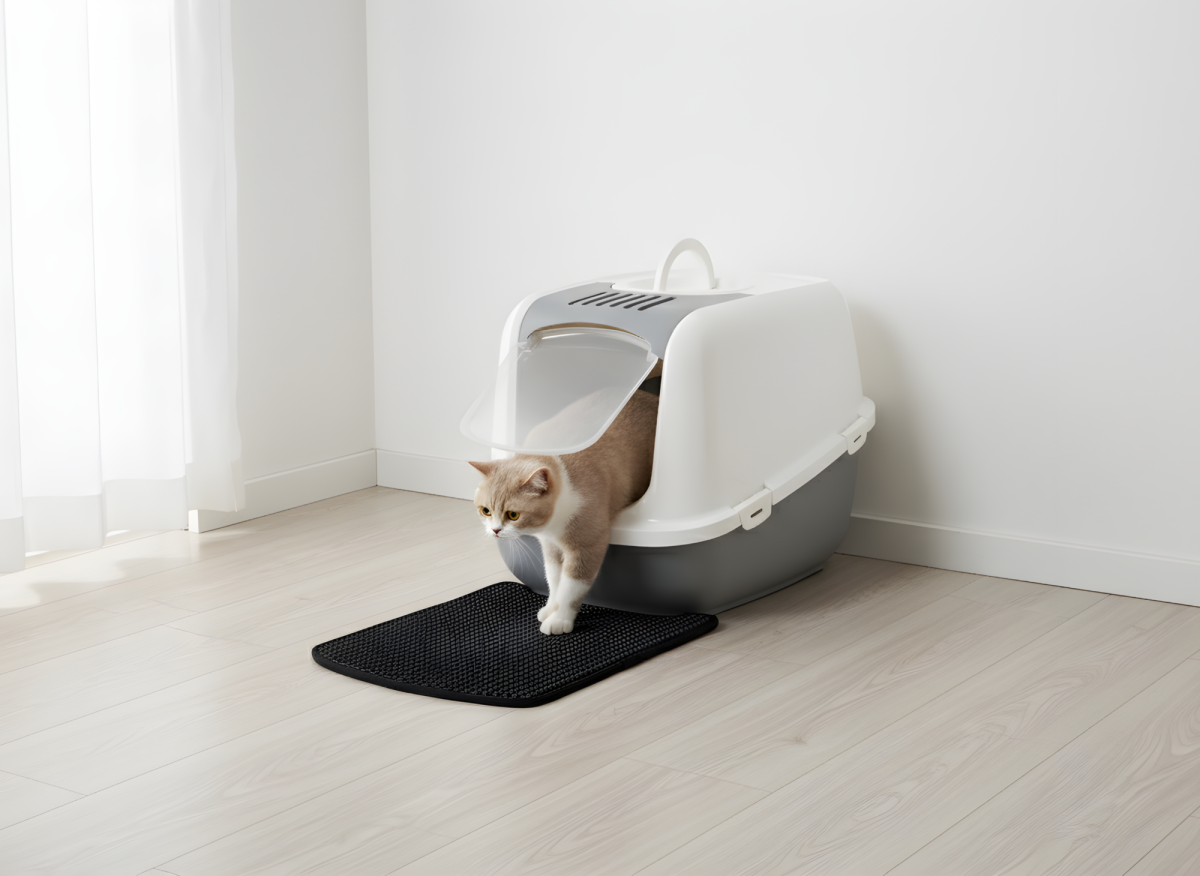 Savic Litter Catcher Mat Nestor Jumbo &amp; Aseo Jumbo Black, placed in front of a large litter box