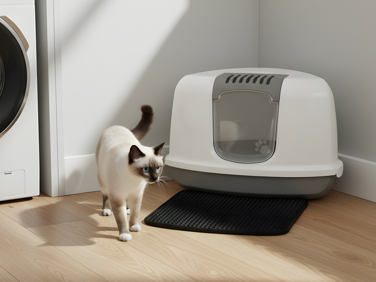 Savic Litter Catcher Mat Nestor Corner &amp; Rincon Black, placed in front of a corner litter box