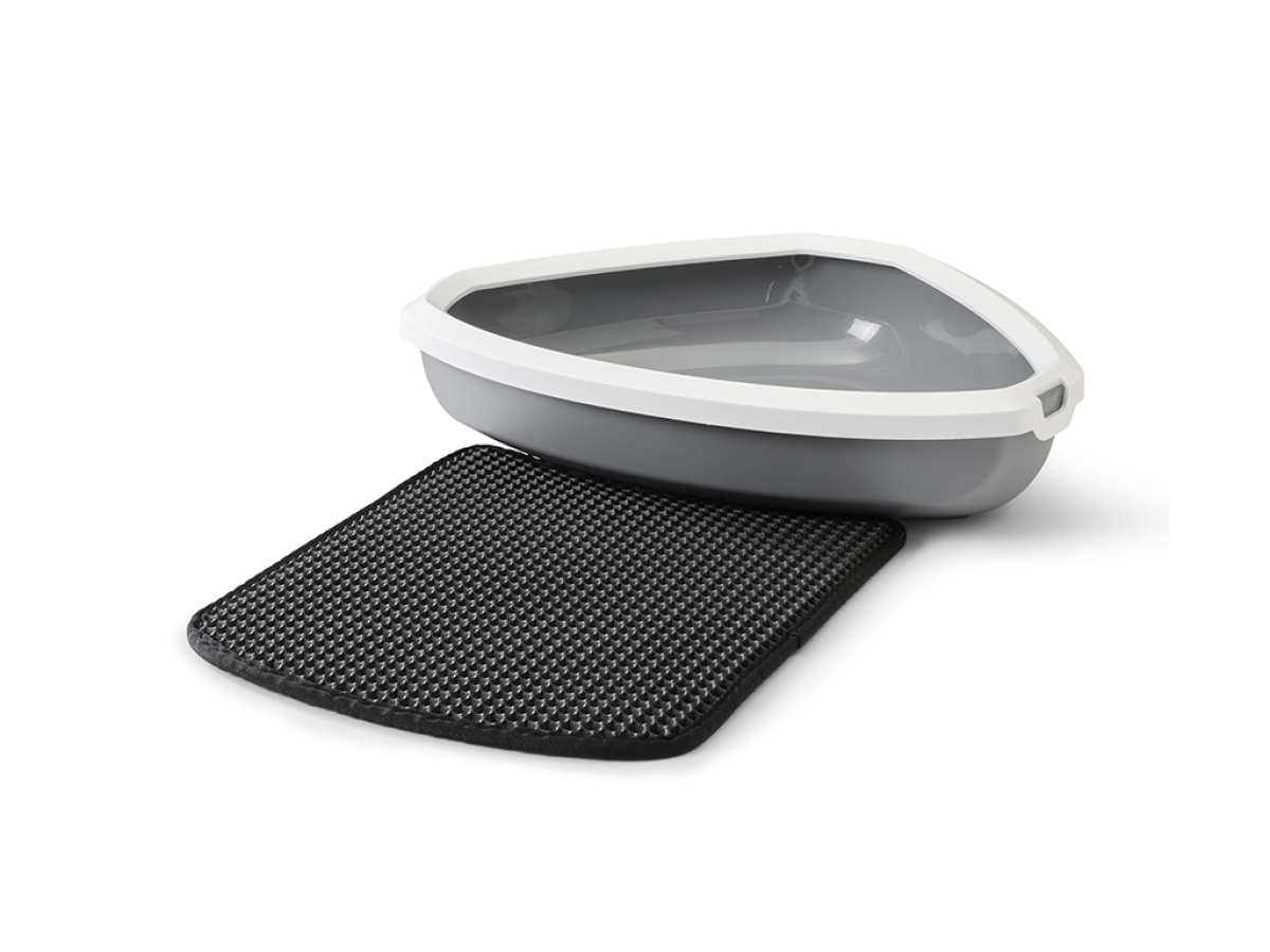 Savic Rincon cat litter tray in Cool Grey – triangular corner tray with white rim and Litter Cather Mat Nestor Corner