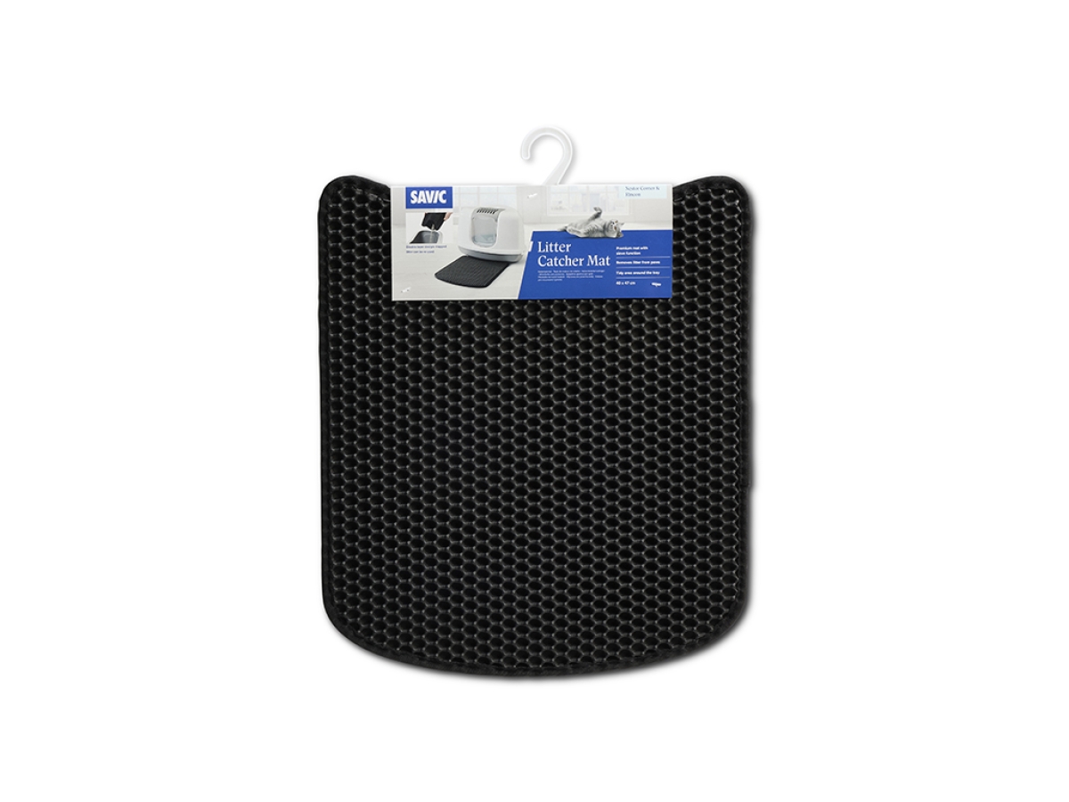 Savic Litter Catcher Mat Nestor Corner &amp; Rincon Black, placed in front of a corner litter box
