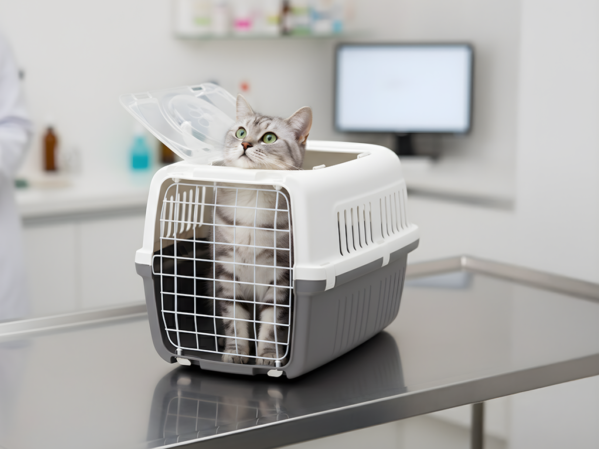 Grey cat sitting in the Savic Zephos 2 Open carrier on a metal exam table in a veterinary room