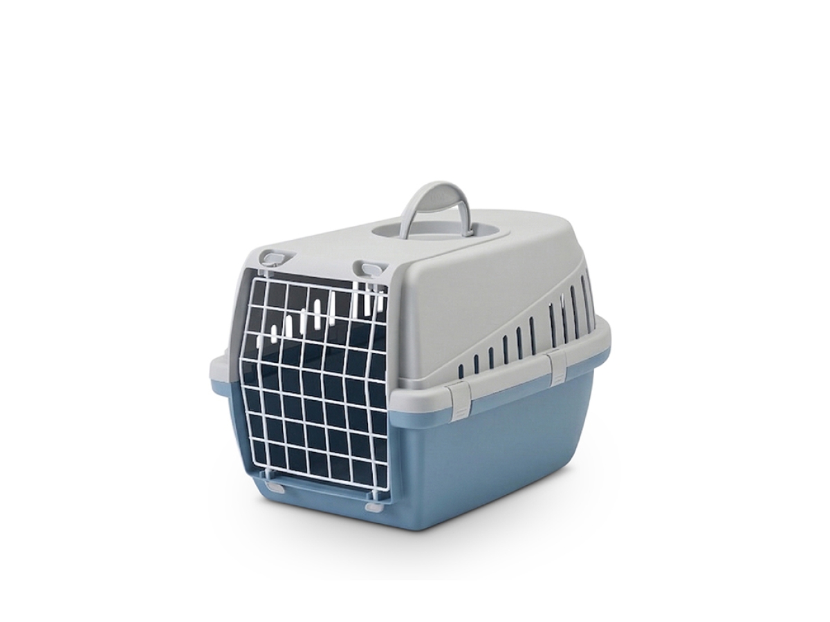 Savic Trotter 1 pet carrier in light grey / blue, coated wire door, for cats and small dogs up to 5 kg, 49 × 33 × 30 cm.