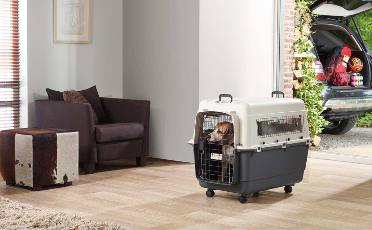 Savic Andes 6 Anthracite transport crate, durable and ventilated travel crate for dogs up to 35 kg with chrome door and wheels.