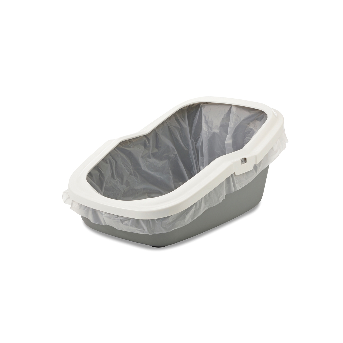Aseo Cool Grey High-Back Cat Litter Tray – Easy to Clean Savic Aseo Cool Grey high-back cat litter tray with white rim and raised back and Bag It UP liner Maxi