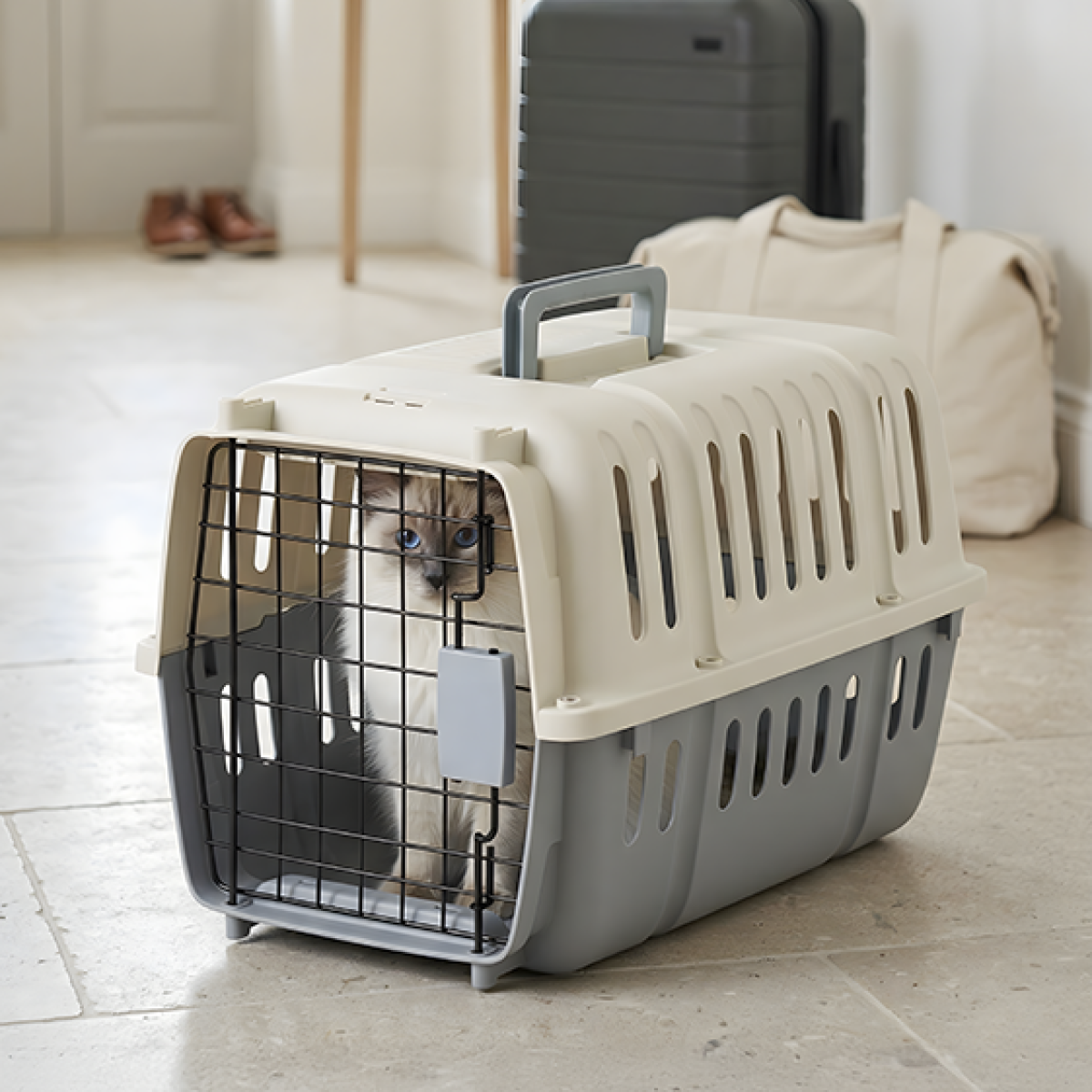 Savic Compass ivory grey pet carrier 46 x 31 x 31 cm for cats and small dogs up to 10 kg with spring-lock door.