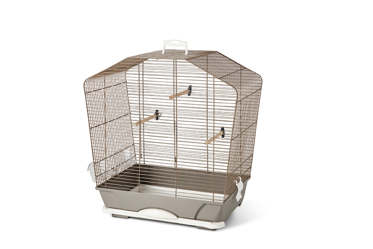 Savic Camille 40 bird cage in Warm Grey – spacious cage with perches, feeders, and removable drawer.