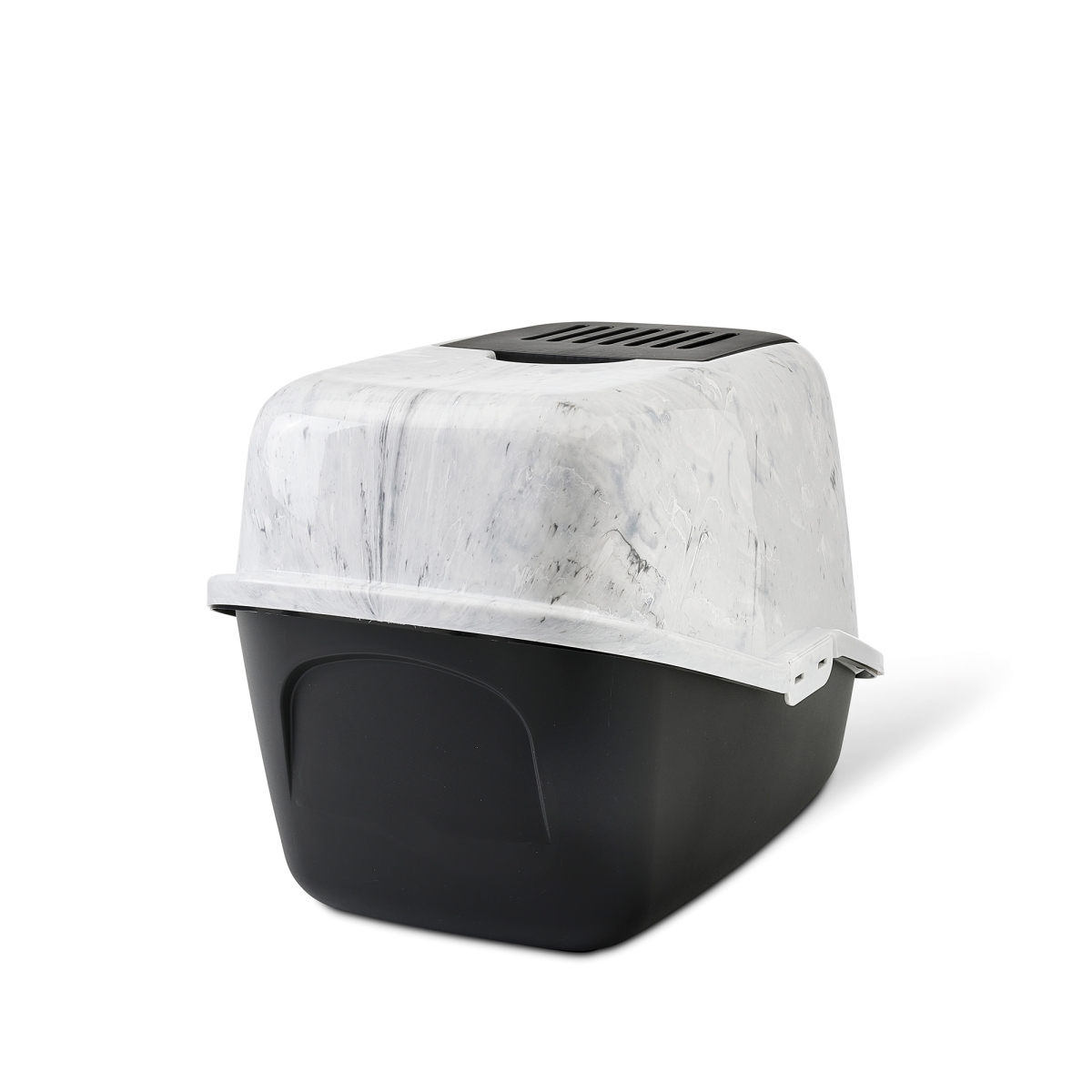 Nestor Marble Grey White – Stylish Cat Litter Box Back view of Savic Nestor Marble cat litter box in grey and white marble finish with folding front and carbon filter, black base