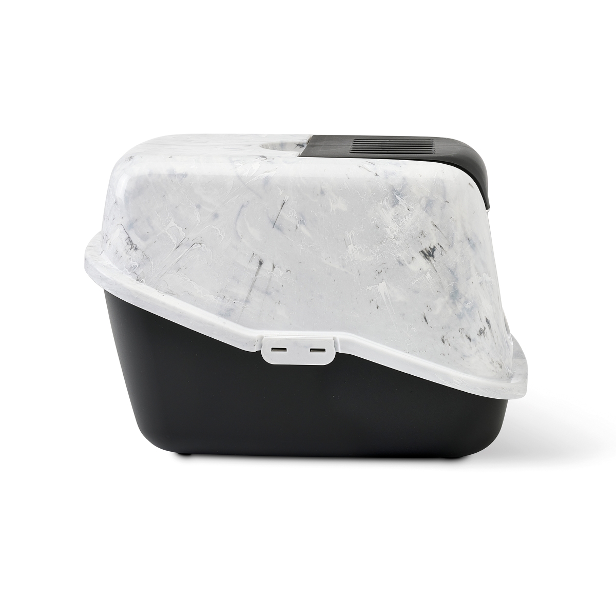 Nestor Marble Grey White – Stylish Cat Litter Box Side view of Savic Nestor Marble cat litter box in grey and white marble finish with folding front and carbon filter, black base