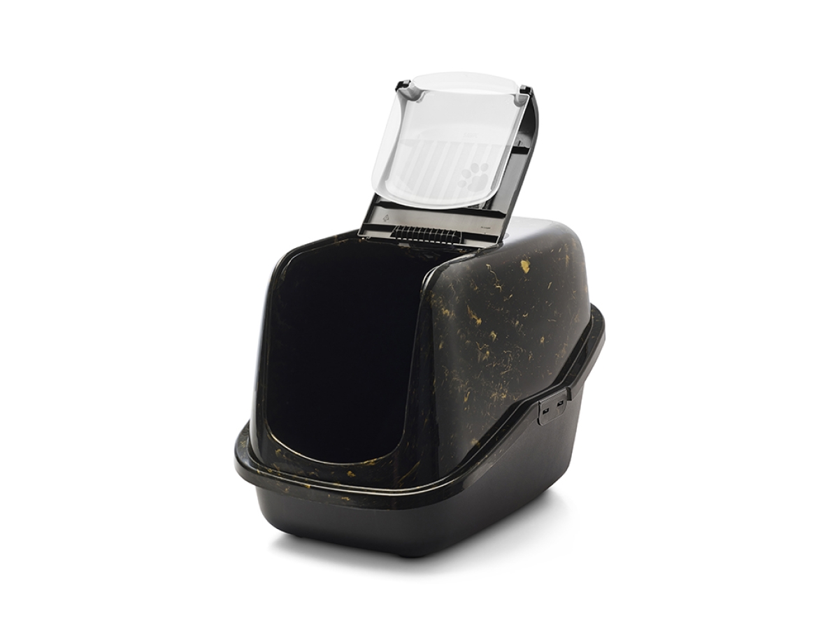 Savic Nestor Marble cat litter box in black and gold marble finish with folding front and carbon filter, front open
