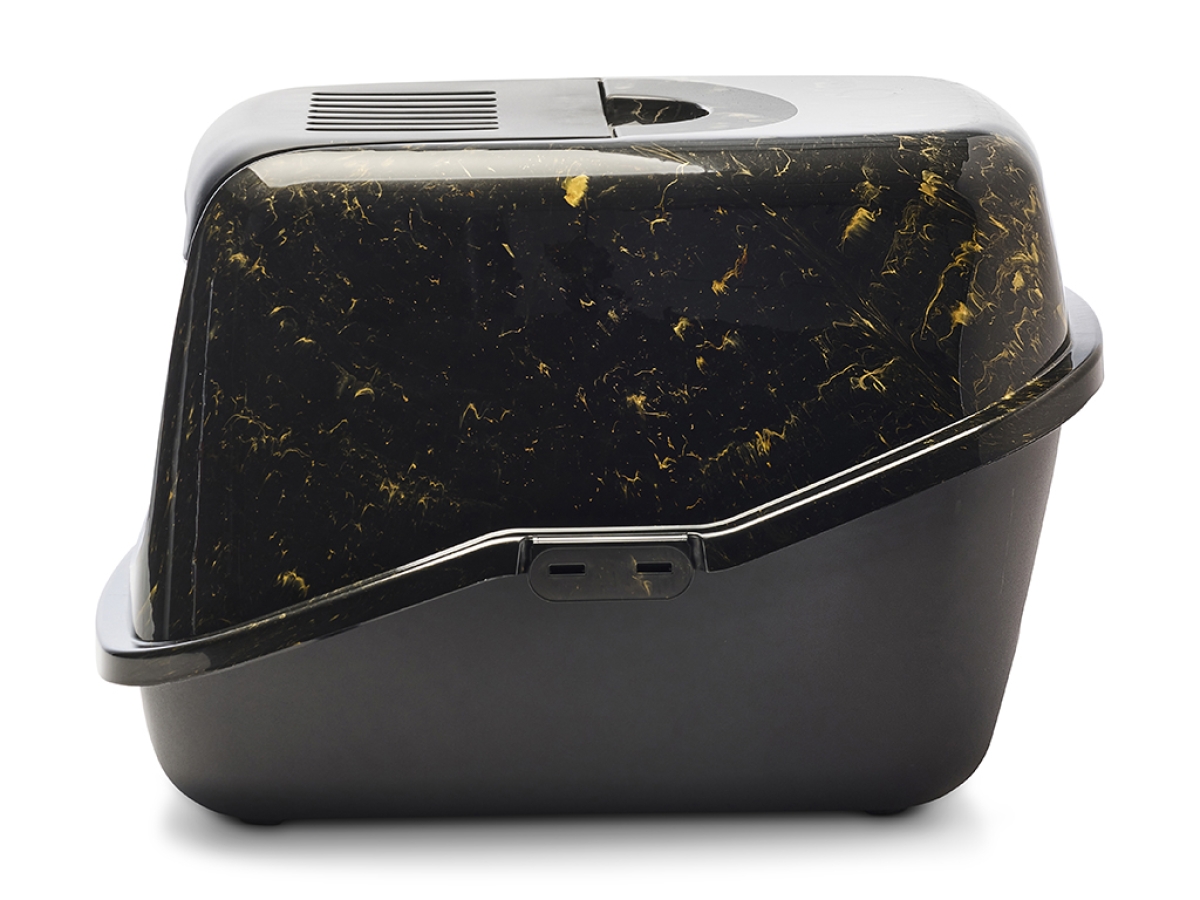 Side view of Savic Nestor Marble cat litter box in black and gold marble finish with folding front and carbon filter