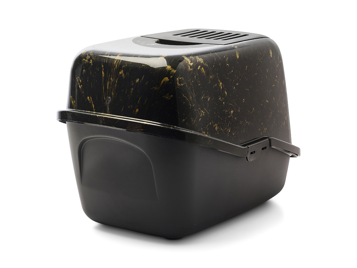 Back view of Savic Nestor Marble cat litter box in black and gold marble finish with folding front and carbon filter