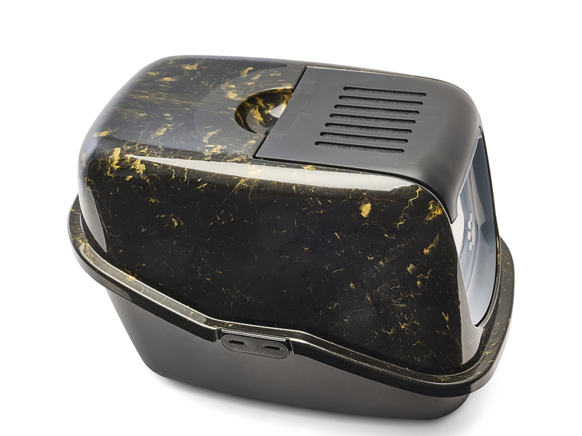 Top view of Savic Nestor Marble cat litter box in black and gold marble finish with folding front and carbon filter