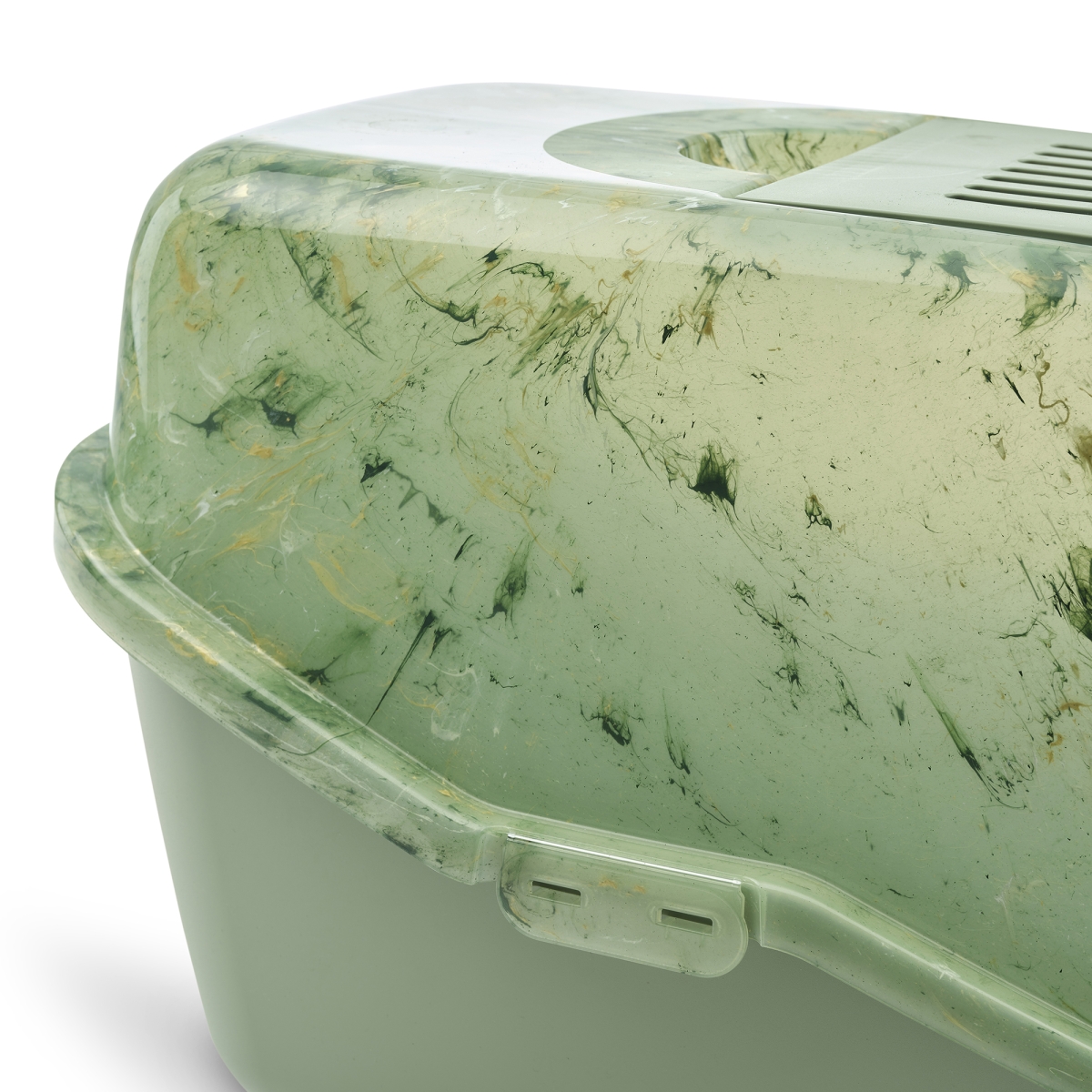 Detail of view of Savic Nestor Marble cat litter box in marble Amazon green with botanical base and carbon filter
