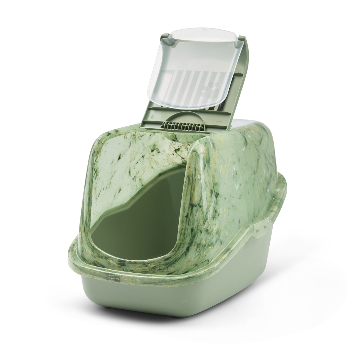 Savic Nestor Marble cat litter box in marble Amazon green with botanical base and carbon filter, front open