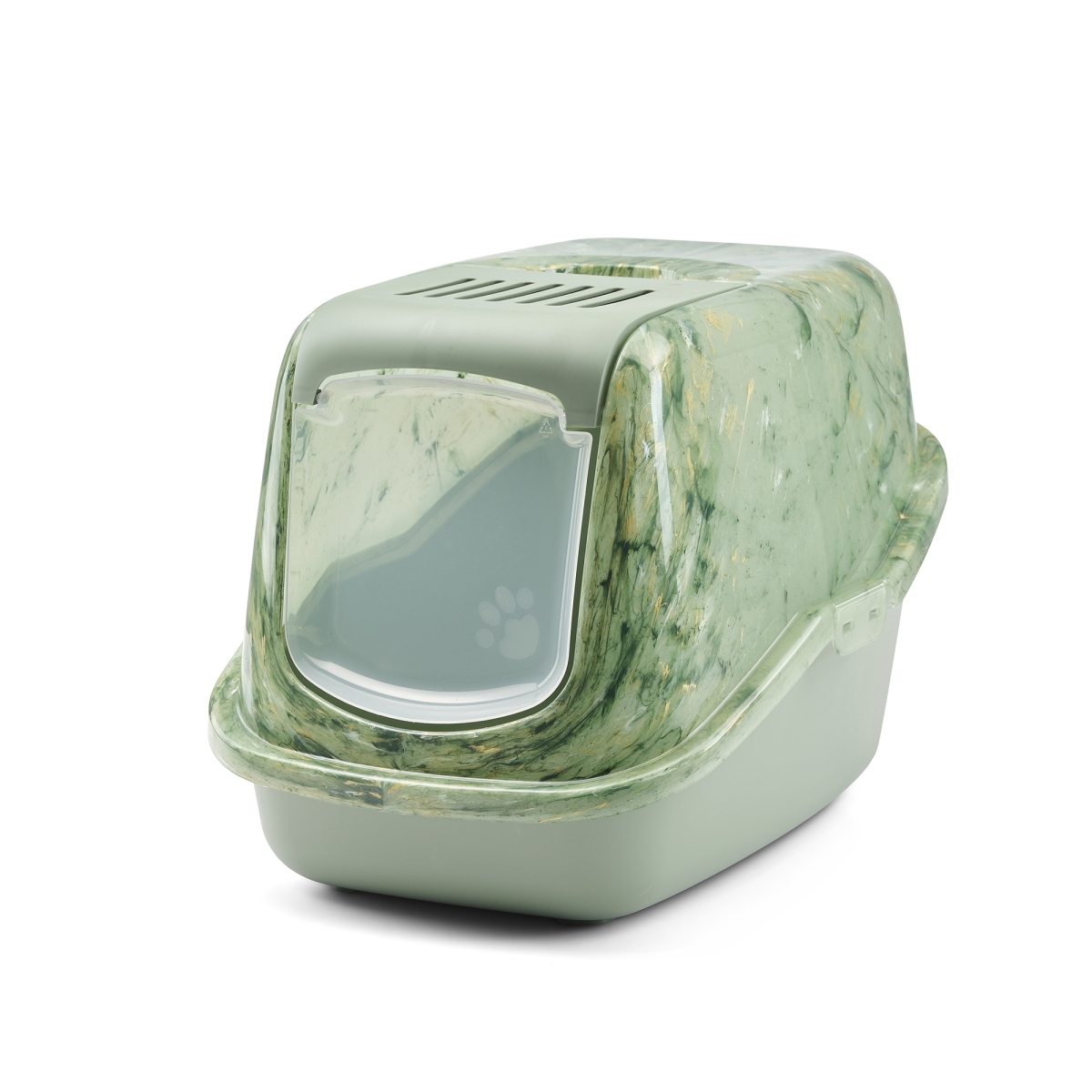 Savic Nestor Marble cat litter box in marble Amazon green with botanical base and carbon filter