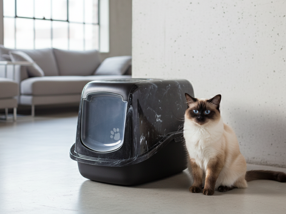 Birman cat beside Savic Nestor marble black-white cat litter box in minimal living room.