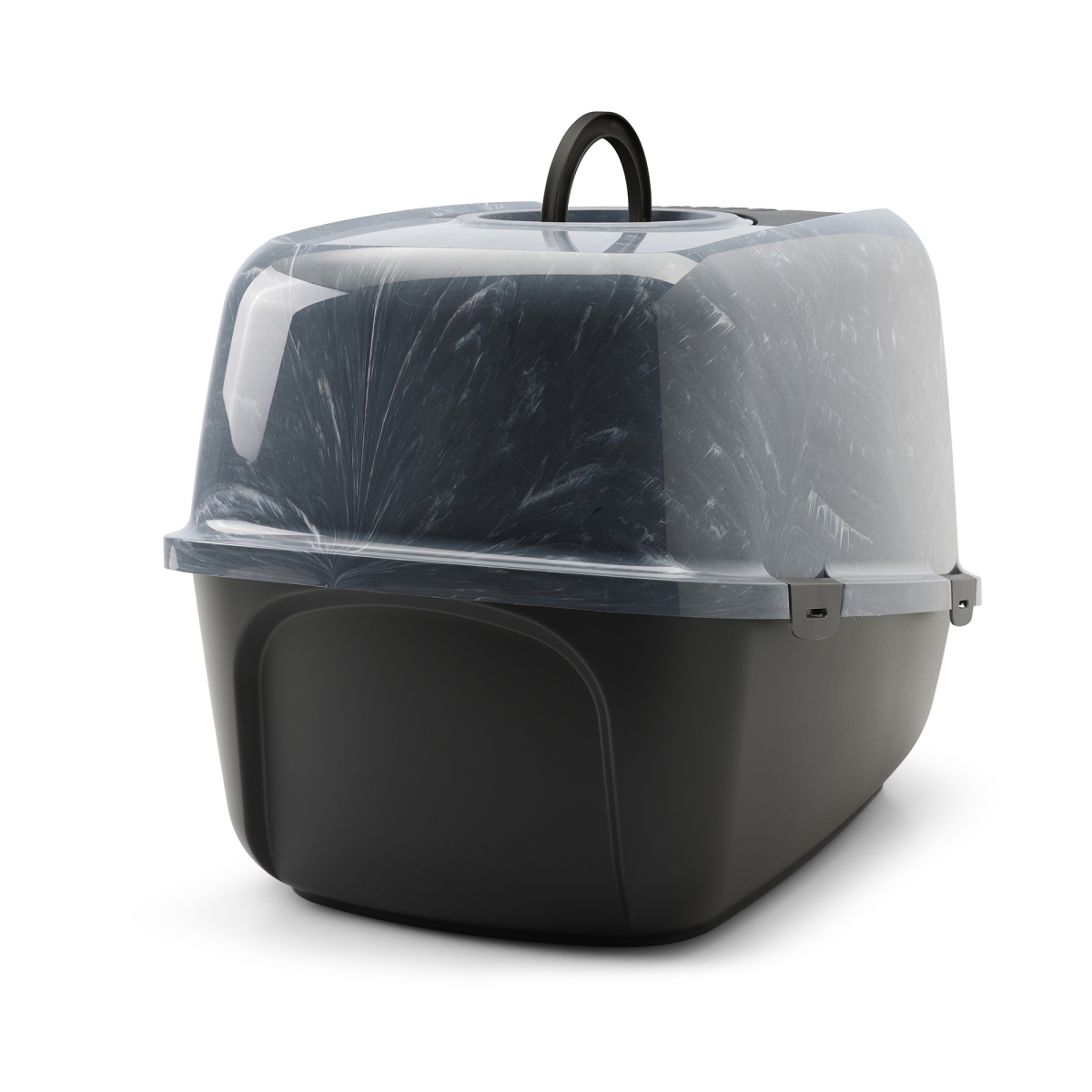 Nestor Jumbo Marble Anthracite White – Stylish Cat Litter Box Back view of Savic Nestor Jumbo Marble cat litter box in anthracite and white marble finish with folding front and carbon filter