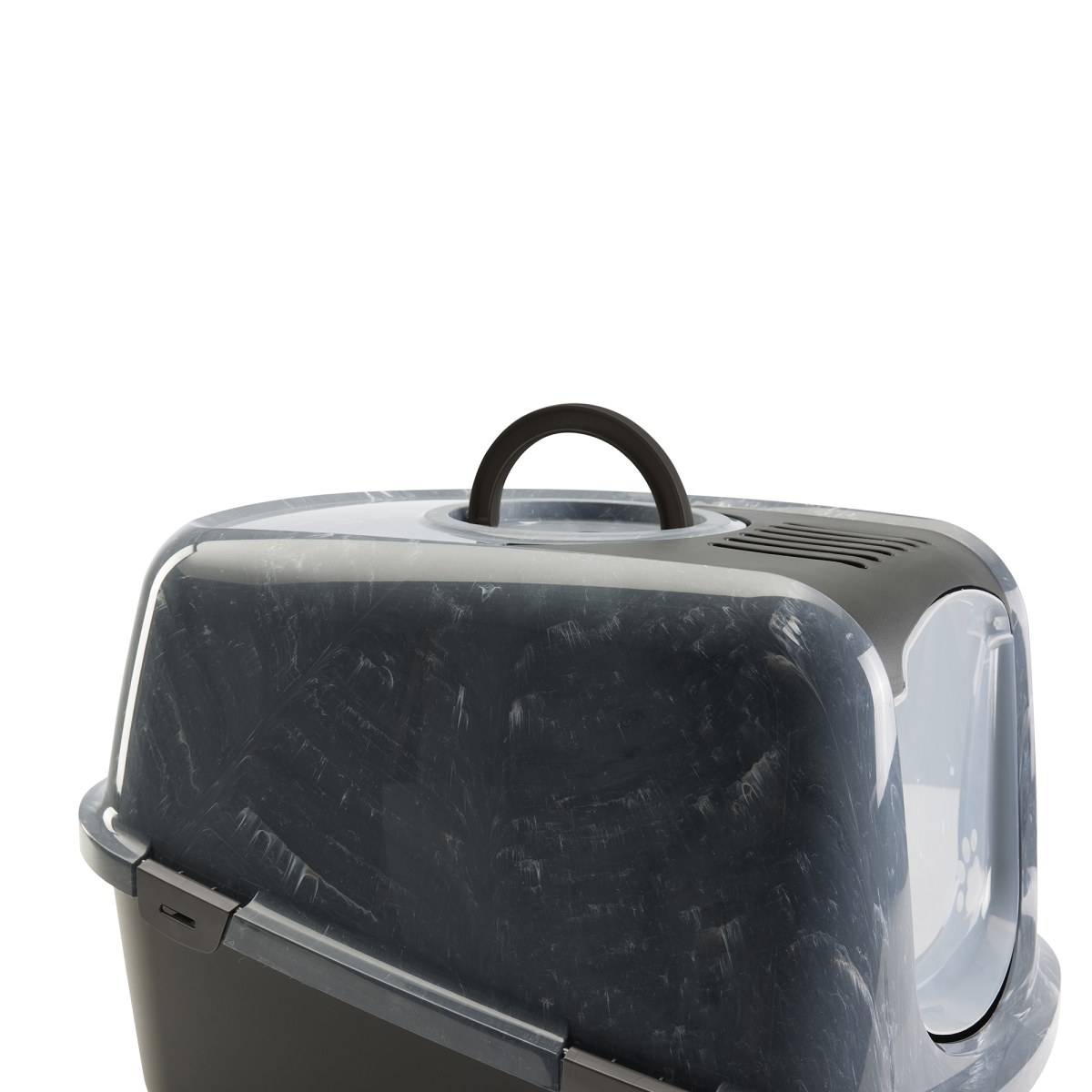 Nestor Jumbo Marble Anthracite White – Stylish Cat Litter Box Detail view of Savic Nestor Jumbo Marble cat litter box in anthracite and white marble finish with folding front and carbon filter