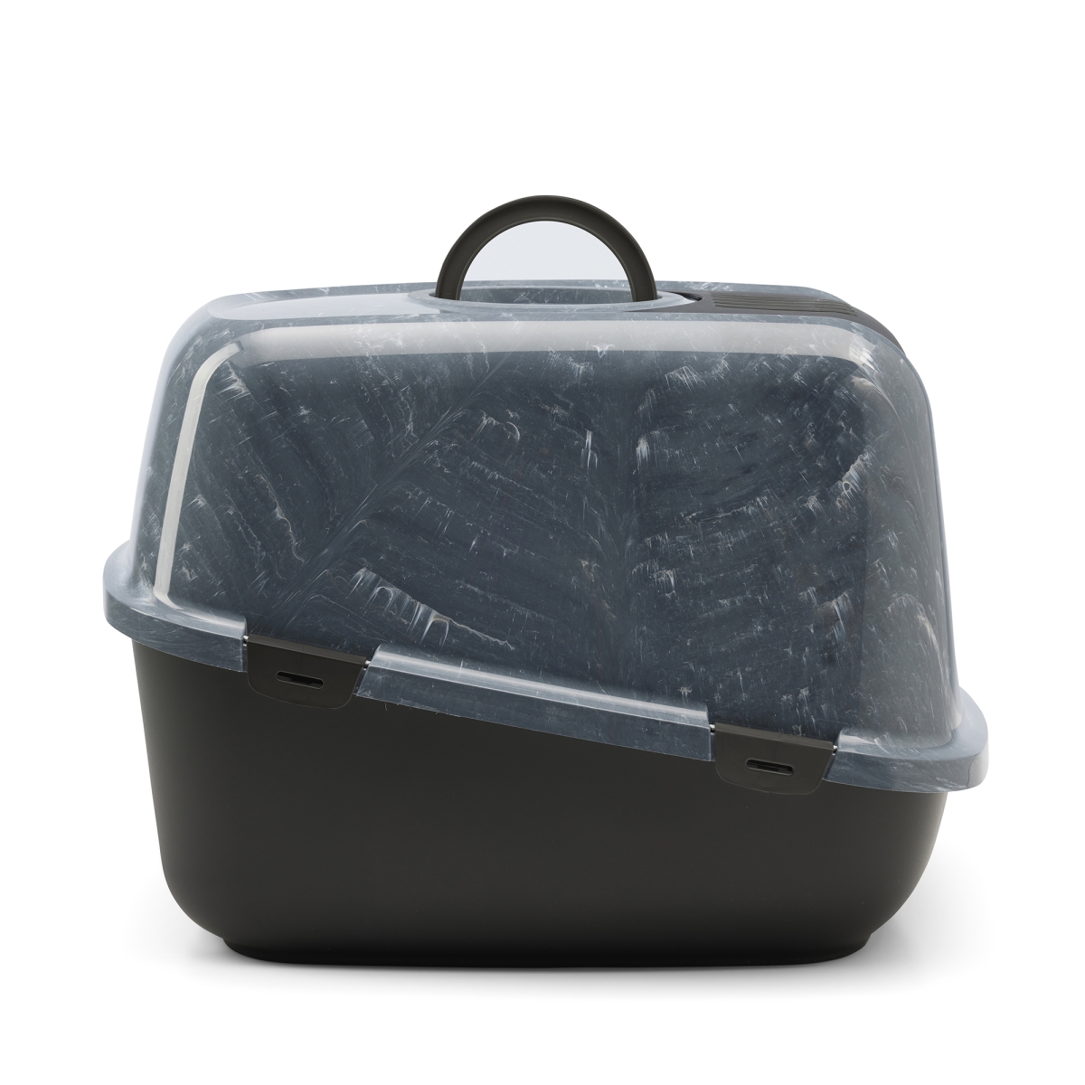 Nestor Jumbo Marble Anthracite White – Stylish Cat Litter Box Side view of Savic Nestor Jumbo Marble cat litter box in anthracite and white marble finish with folding front and carbon filter