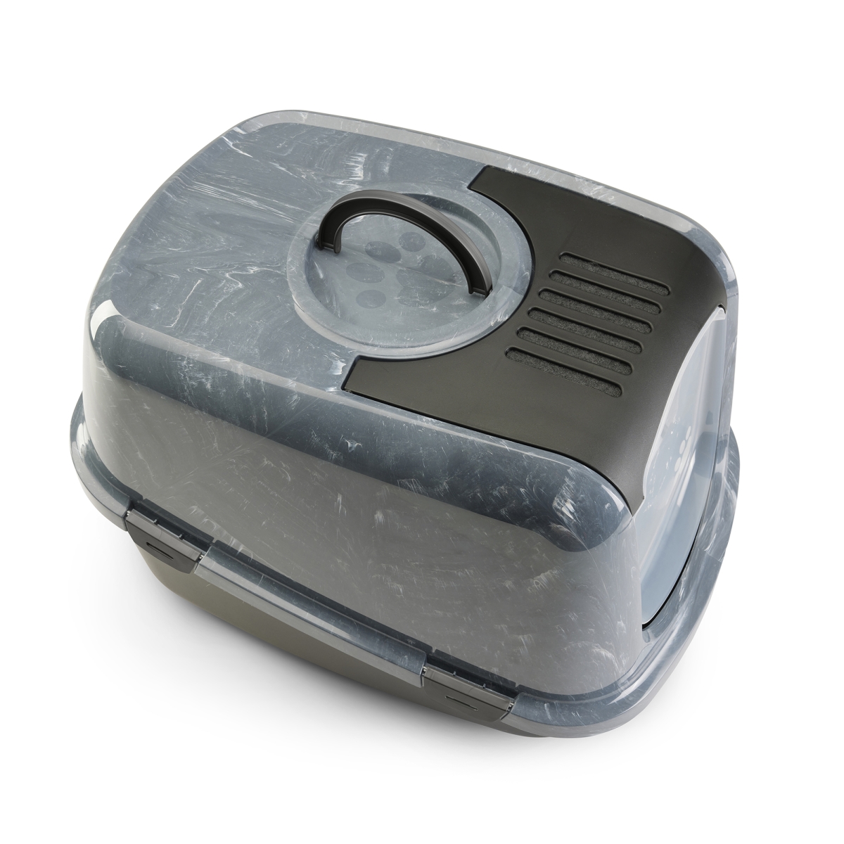 Nestor Jumbo Marble Anthracite White – Stylish Cat Litter Box Top view of Savic Nestor Jumbo Marble cat litter box in anthracite and white marble finish with folding front and carbon filter