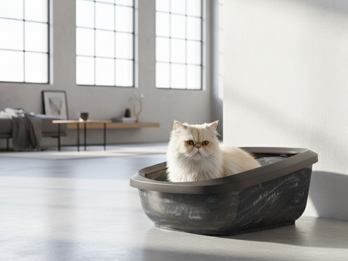 Aseo Jumbo Marble Anthracite White – Stylish Cat Litter Tray Cream cat sitting inside Savic Aseo Jumbo marble anthracite cat litter box in bright living room.
