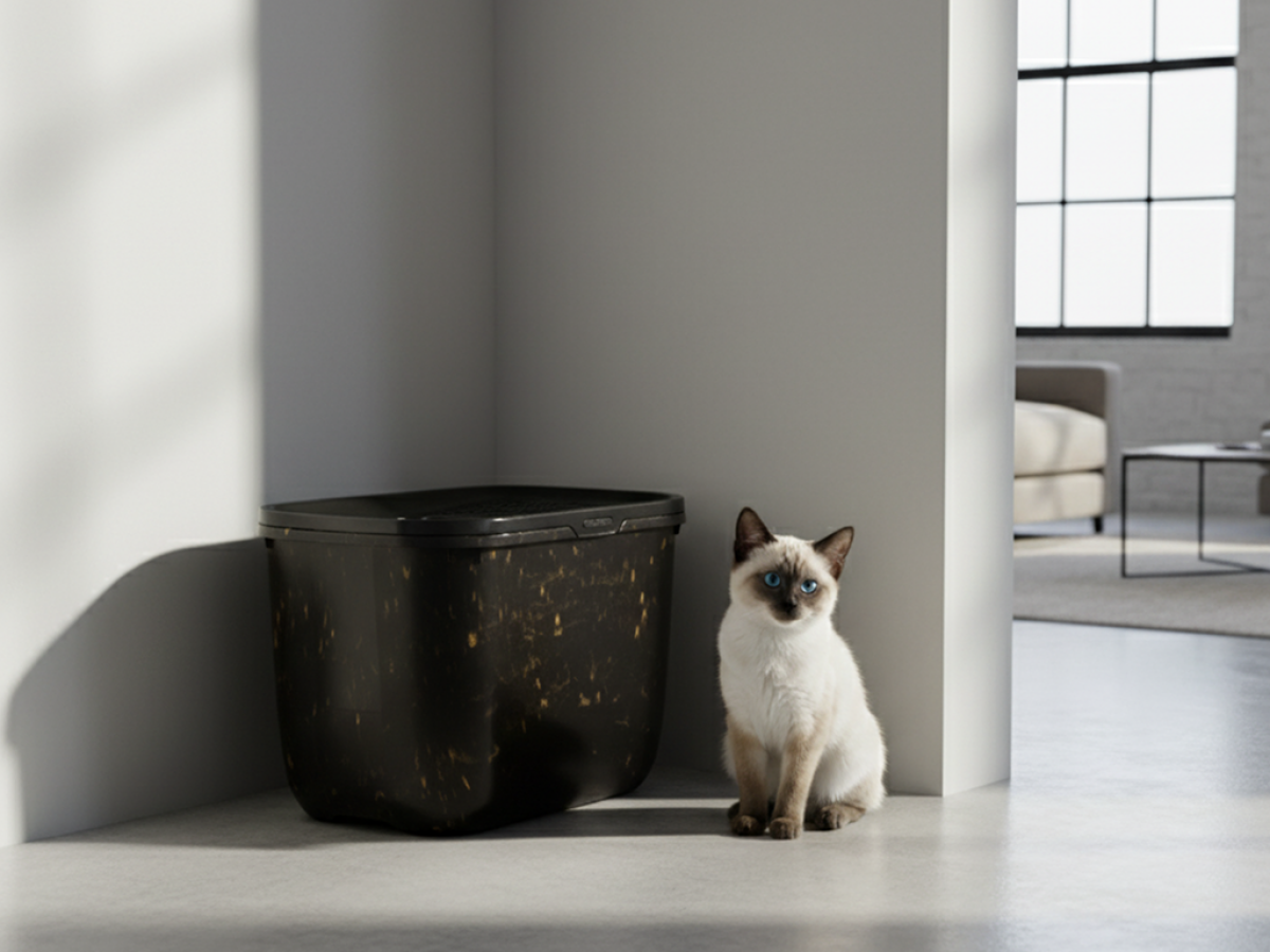 Hop In Marble Black Gold – Stylish Top-Entry Litter Tray Birman cat beside Savic Hop In marble black-gold top-entry cat litter box in minimal home interior.