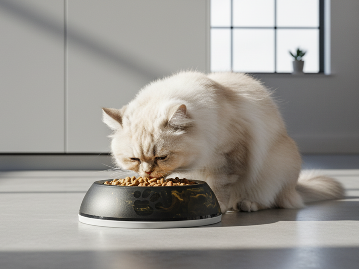 Savic Delice Cat Marble Black Gold 0.2 L feeding and drinking bowl with non-slip rim and marble finish, cat eating from bowl in home setting