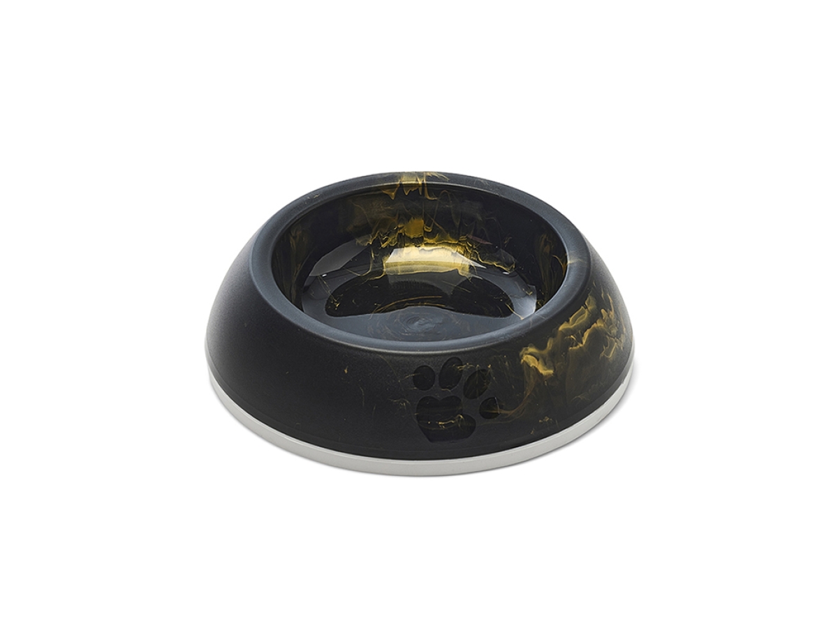 Top view of Savic Delice Cat Marble Black Gold 0.2 L feeding and drinking bowl with non-slip rim and marble finish