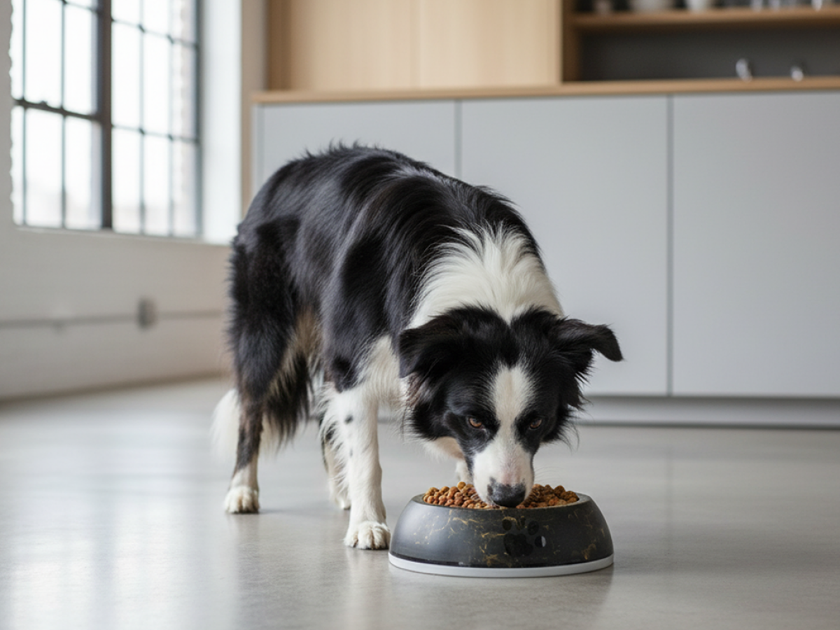 Border Collie eating from Savic Delice marble dog feeding bowl in bright kitchen.