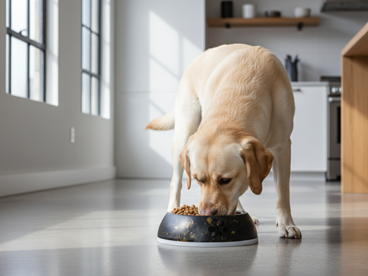Labrador eating from Savic Delice marble dog feeding bowl in modern kitchen.