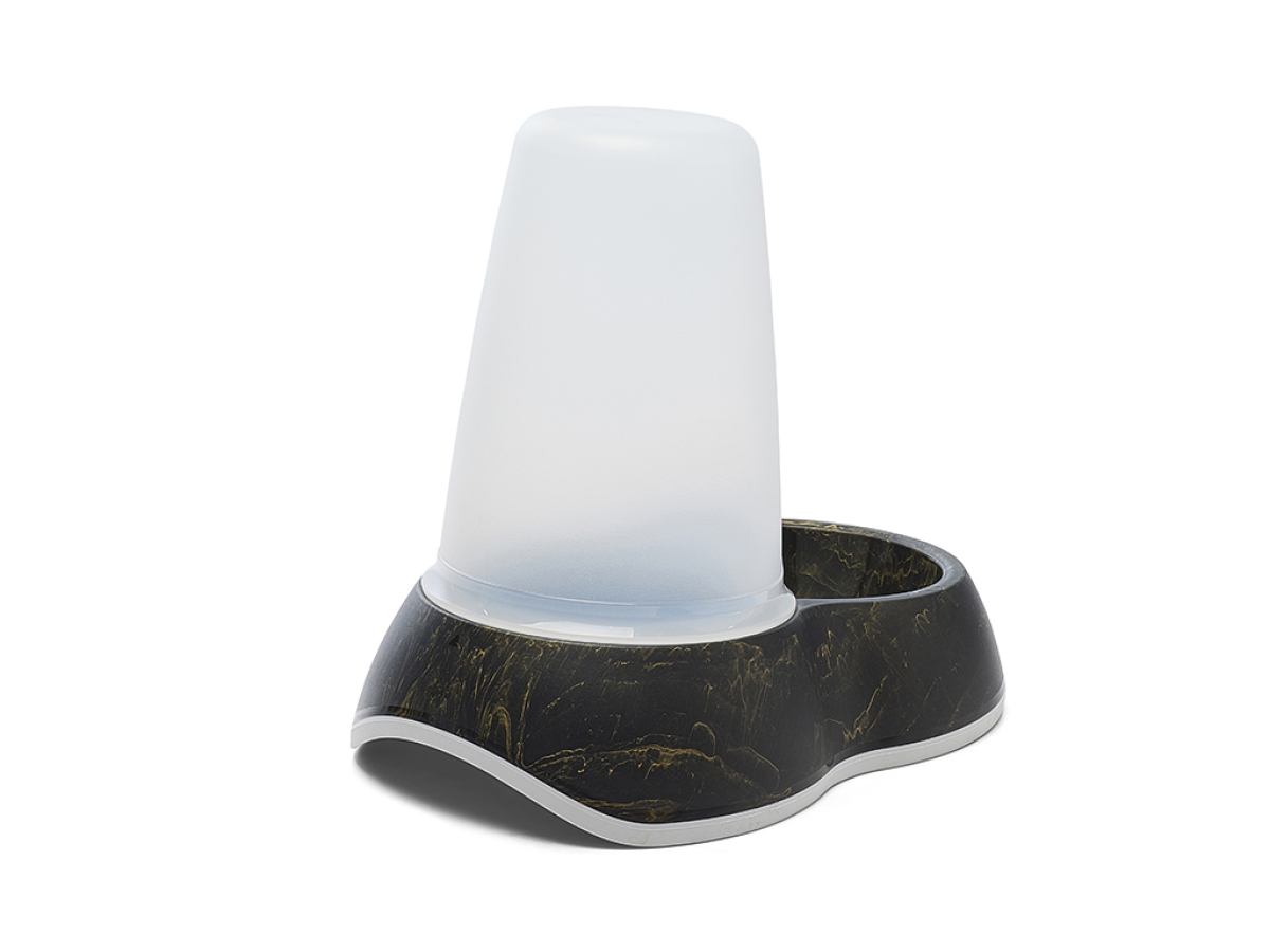 Back view of Savic Loop Marble Food Medium dispenser in marble black gold with transparent container and non-slip base