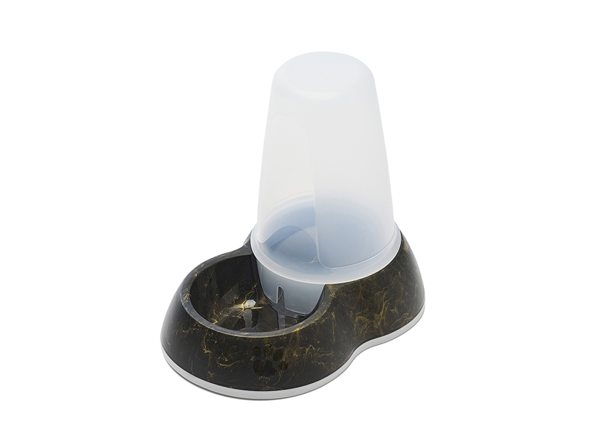 Top view of Savic Loop Marble Water Medium dispenser in marble black gold with transparent water container and non-slip base