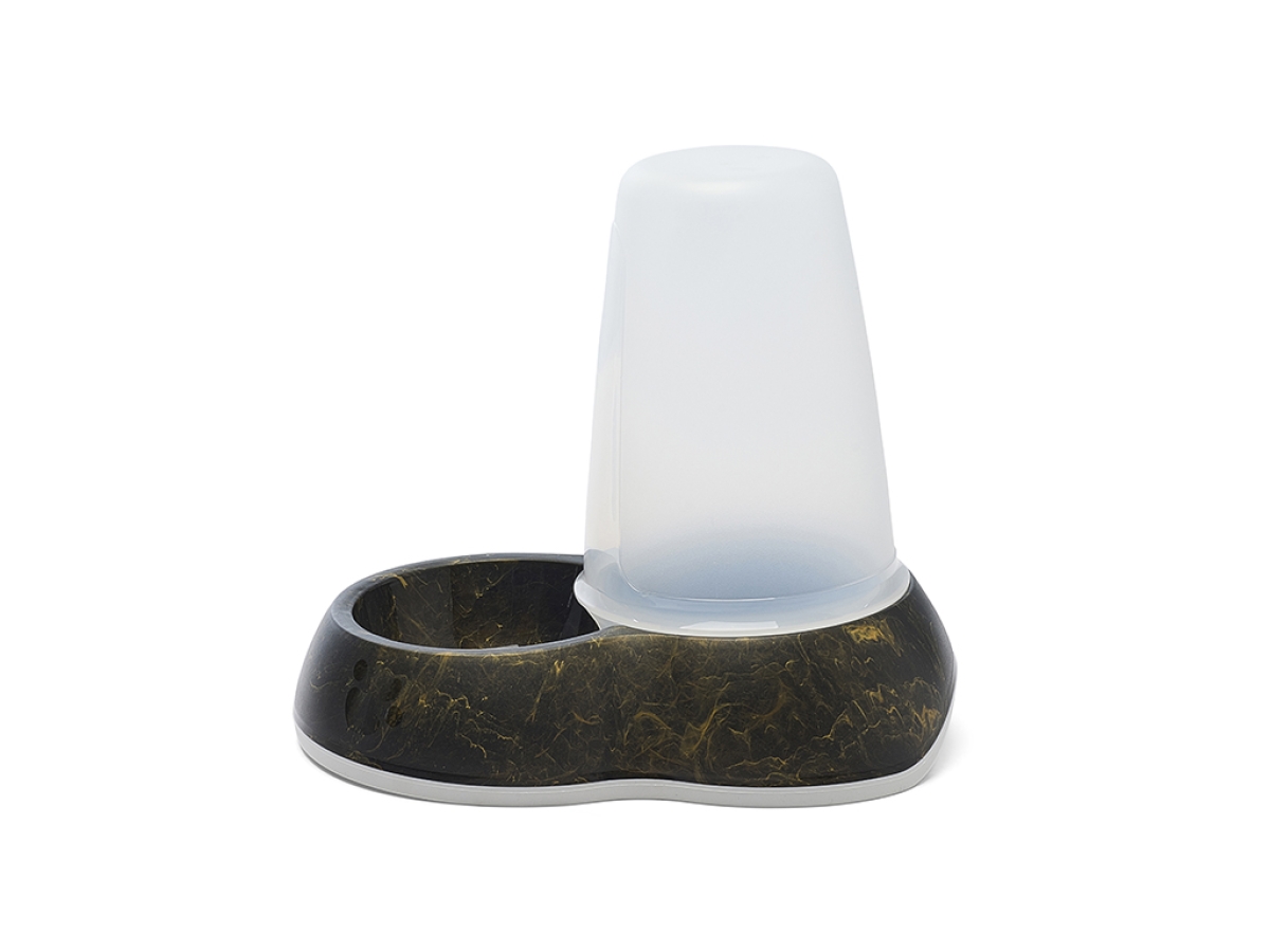 Side view of Savic Loop Marble Food Medium dispenser in marble black gold with transparent container and non-slip base