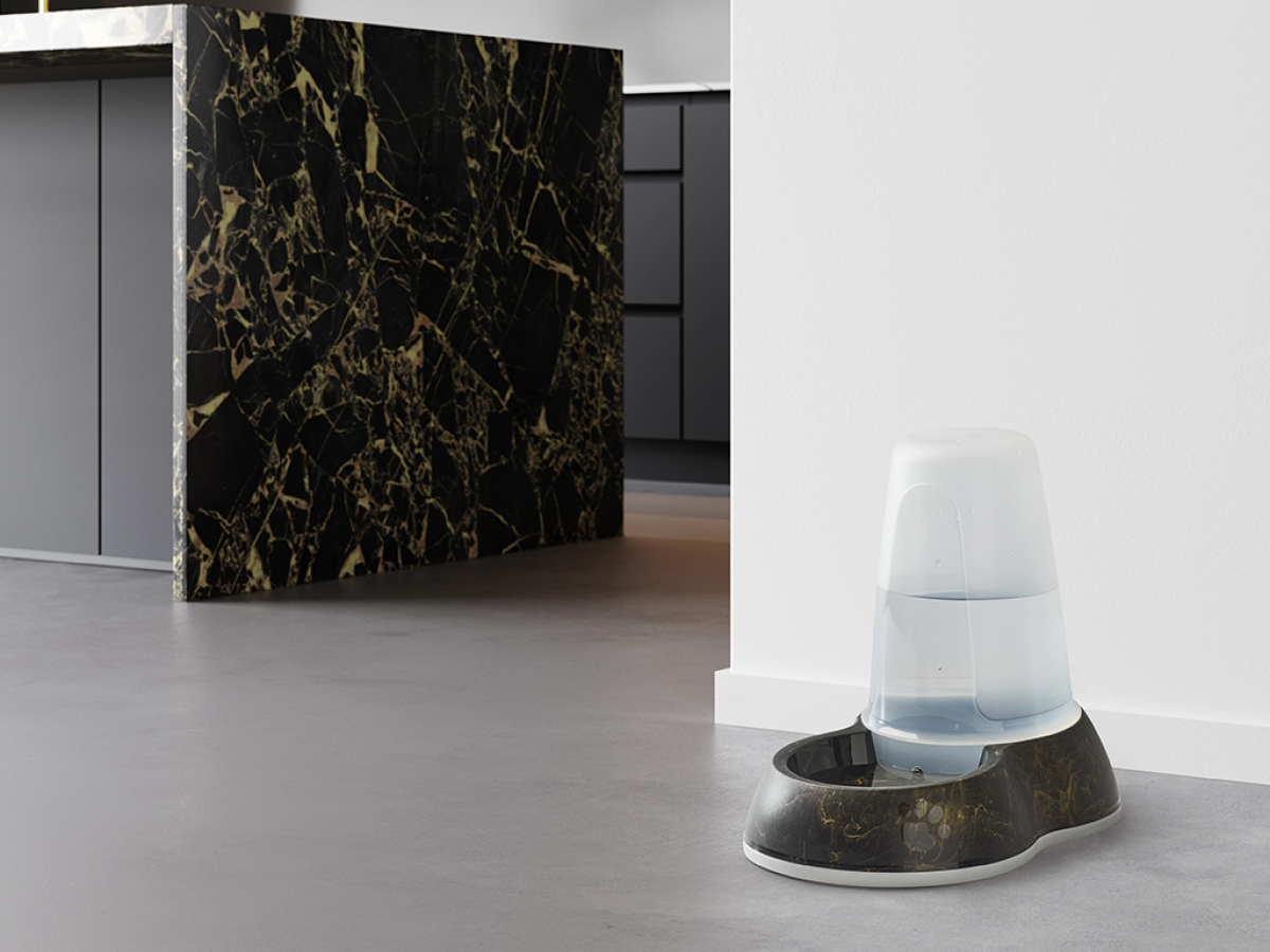 Savic Loop Marble Water Medium dispenser in marble black gold with transparent water container and non-slip base in modern kitchen