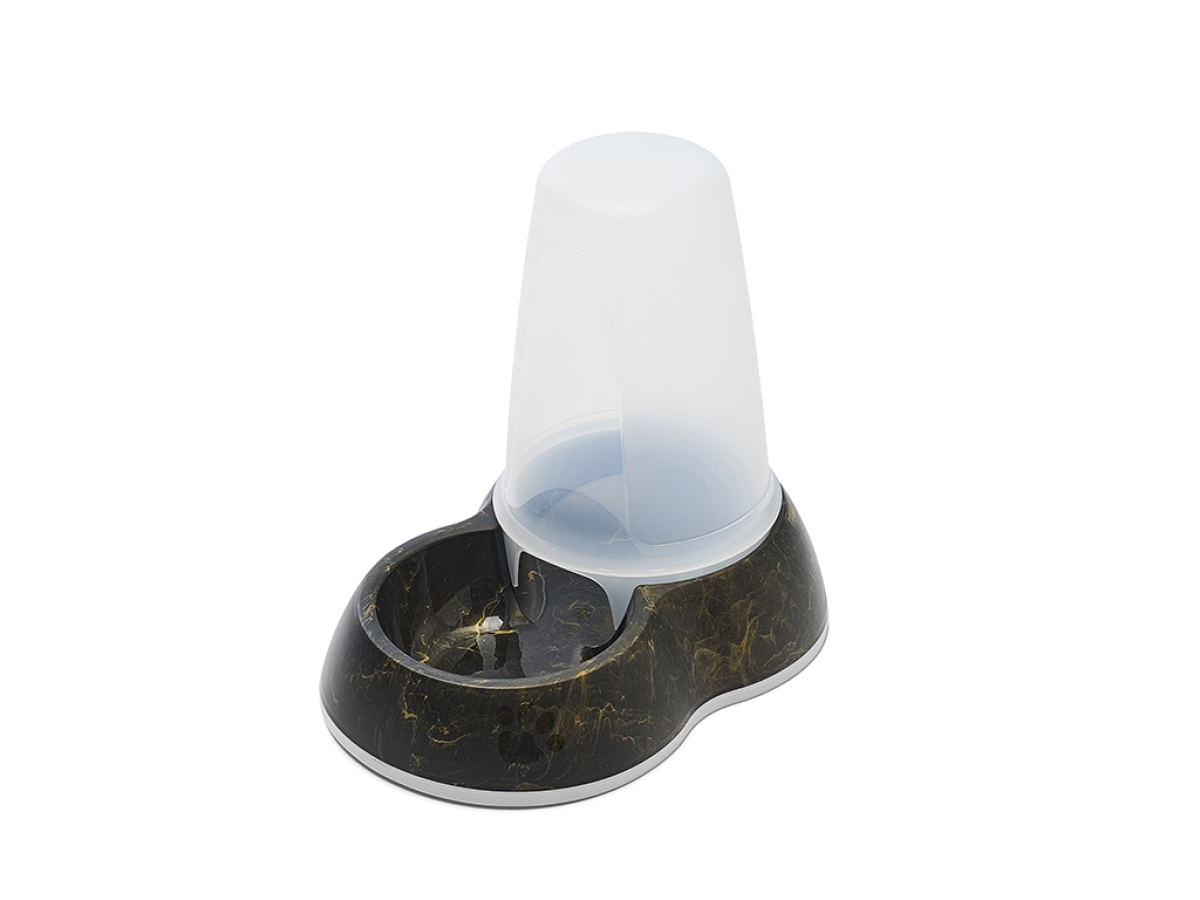 Top view Savic Loop Marble Food Medium dispenser in marble black gold with transparent container and non-slip base