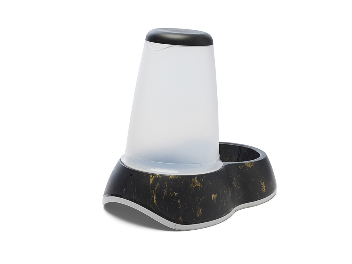 Back view of Savic Loop Marble Food Large dispenser in marble black gold with transparent container and non-slip base