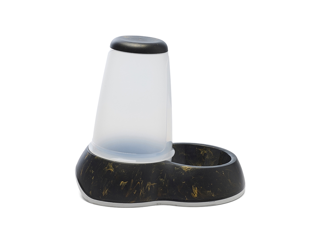 Side view of Savic Loop Marble Water Large dispenser in marble black gold with transparent water container and non-slip base