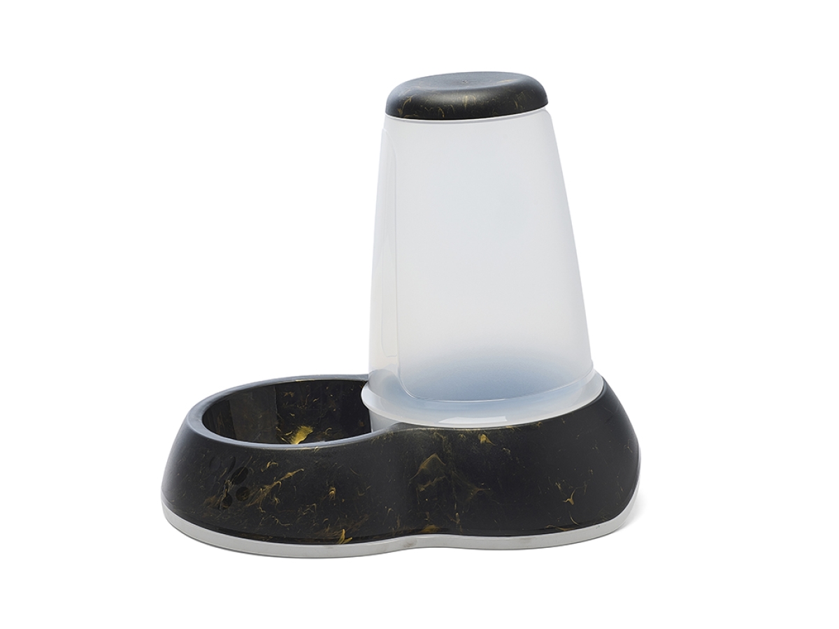 Side view of Savic Loop Marble Food Large dispenser in marble black gold with transparent container and non-slip base