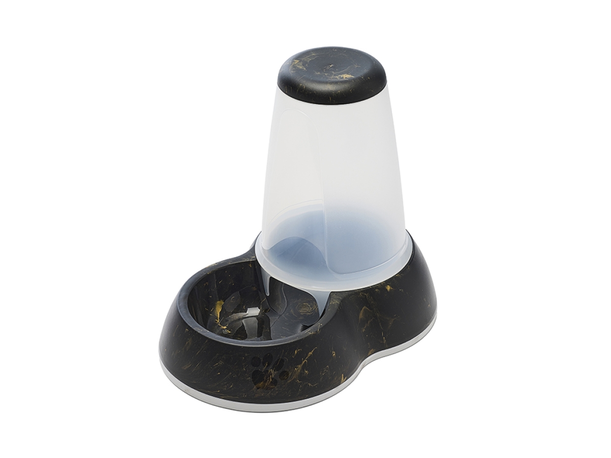 Top view of Savic Loop Marble Food Large dispenser in marble black gold with transparent container and non-slip base