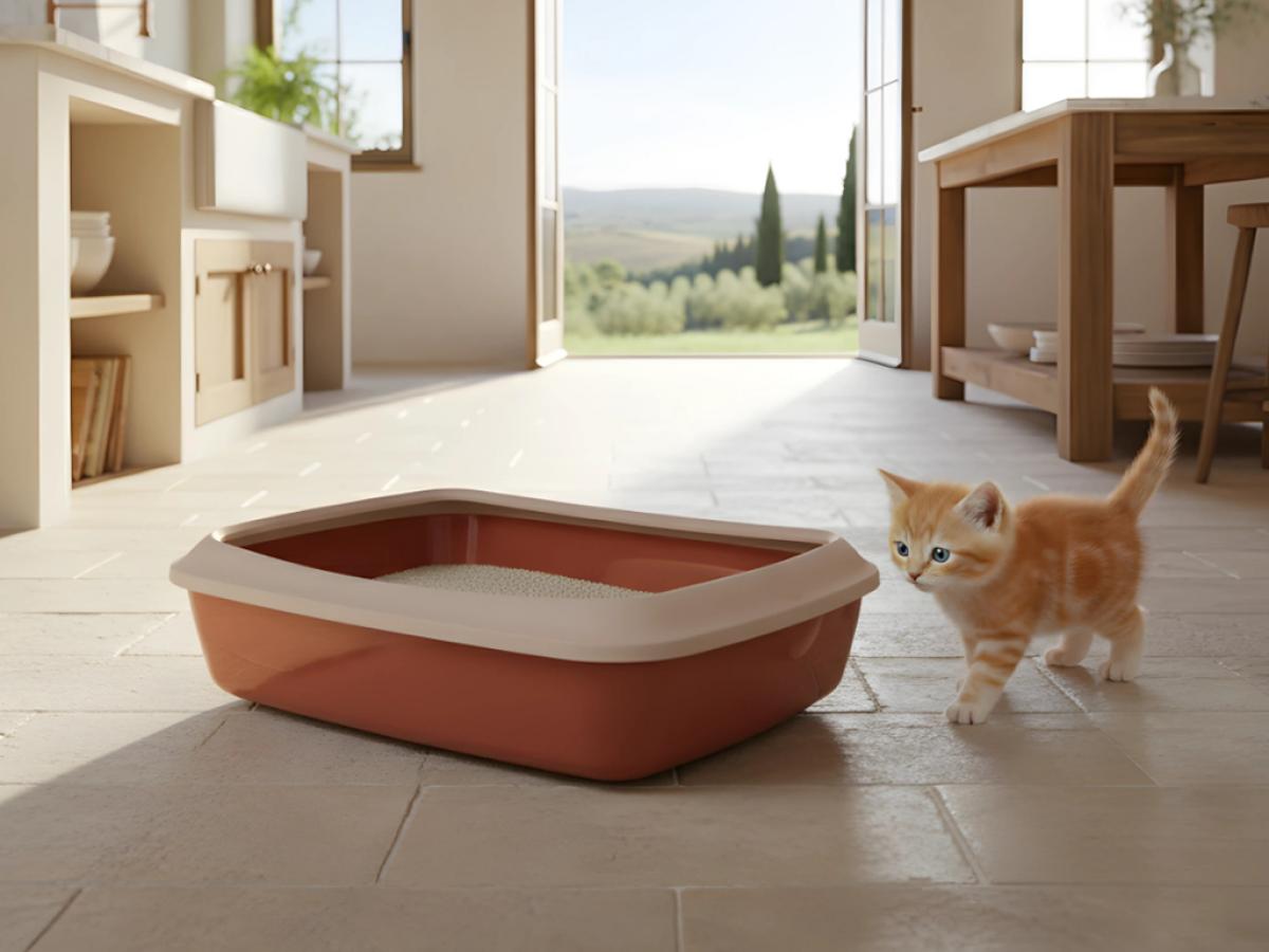 Ginger kitten in front of Savic Iriz 42 cm Tuscan Red cat litter tray with champagne rim and paw-patterned edge in Tuscan home setting