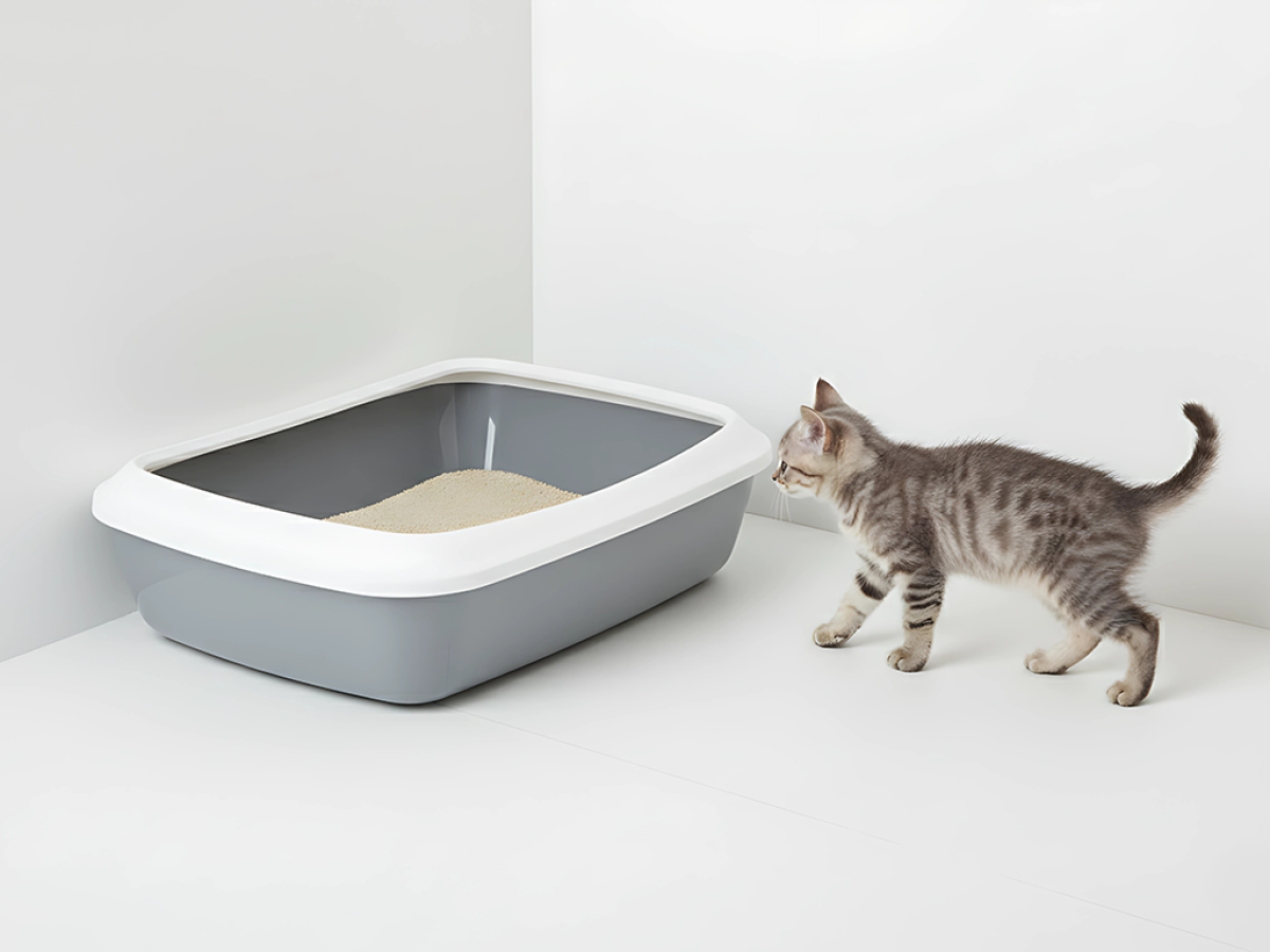 Iriz 42 cm Cool Grey – Cat Litter Tray with Rim Brown kitten in front of Savic Iriz 42 cm Cool Grey cat litter tray with white rim and paw-patterned edge