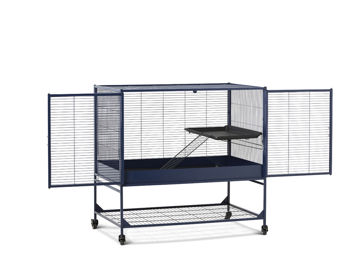 Royal Suite 100 Single Unit Navy Blue – Expandable Small Animal Cage Doors open  Savic Royal Suite 100 Single Unit small animal cage in navy blue – expandable metal cage with platform and ladder.