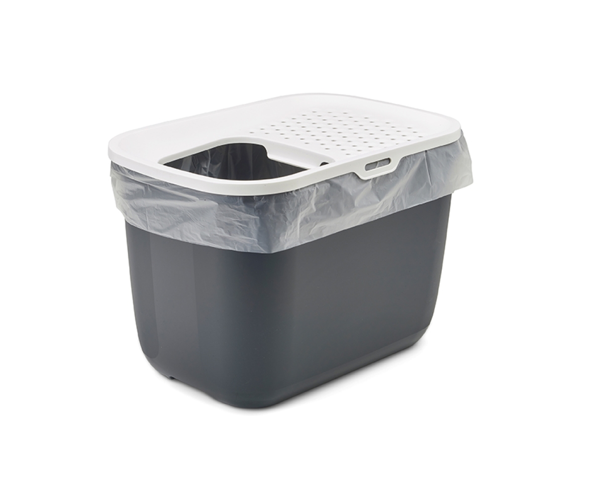 Savic Hop In Anthracite top-entry cat litter tray with perforated white lid and modern design with Bag It Up Hop In liners