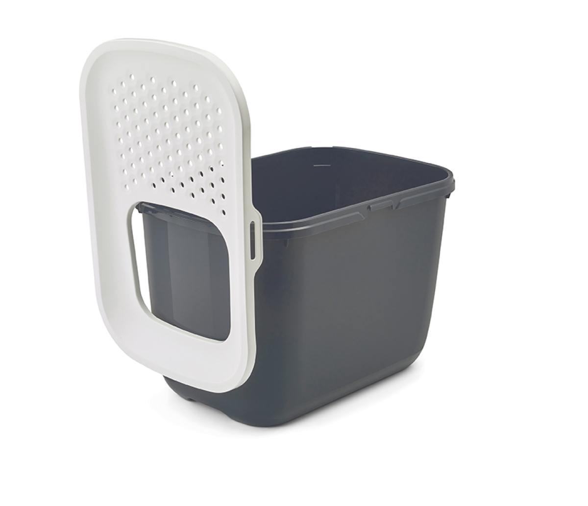 Savic Hop In Anthracite top-entry cat litter tray with perforated white lid and modern design, lid is taken off for cleaning
