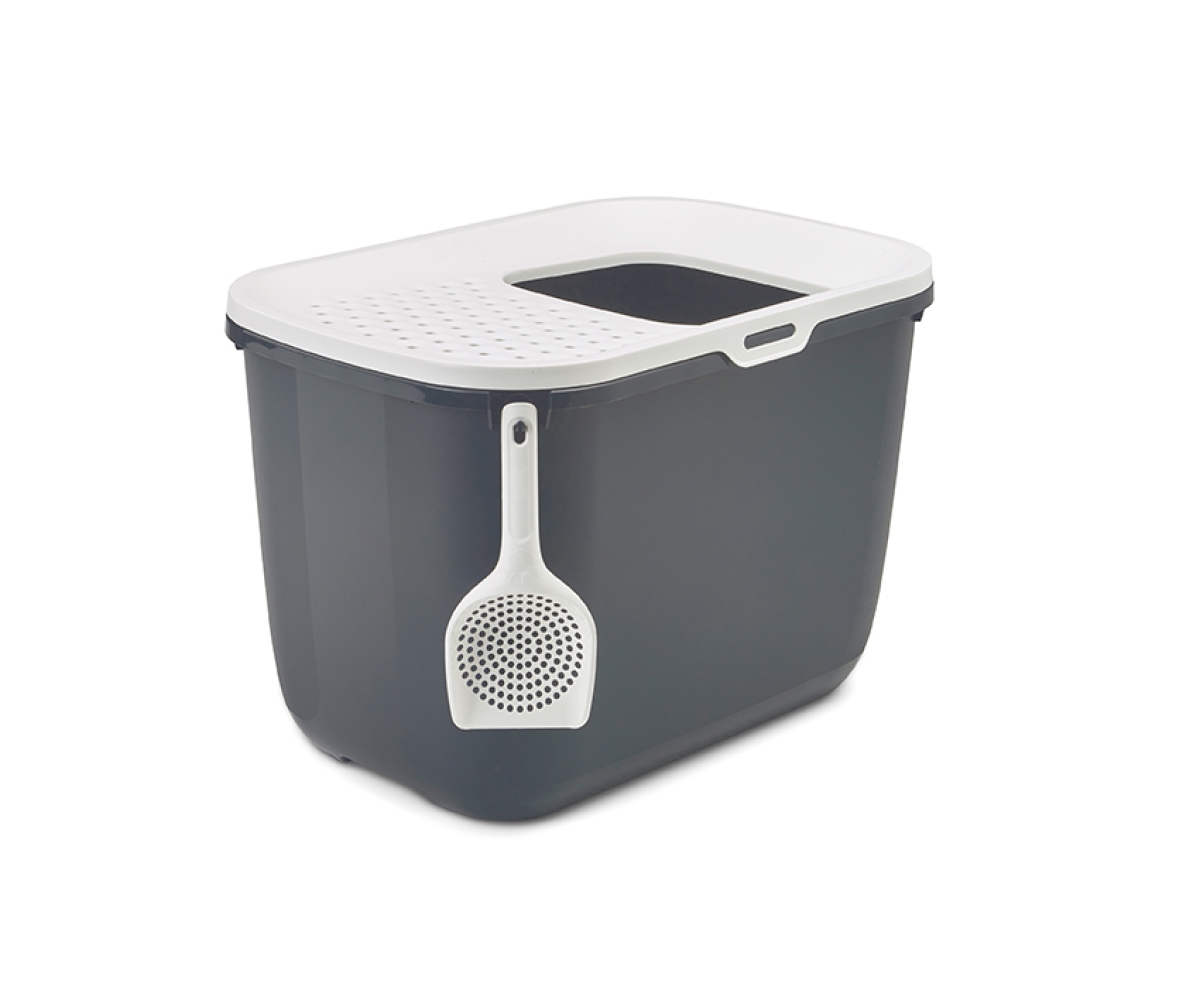 Savic Hop In Anthracite top-entry cat litter tray with perforated white lid and modern design with Micro scoop (not included)