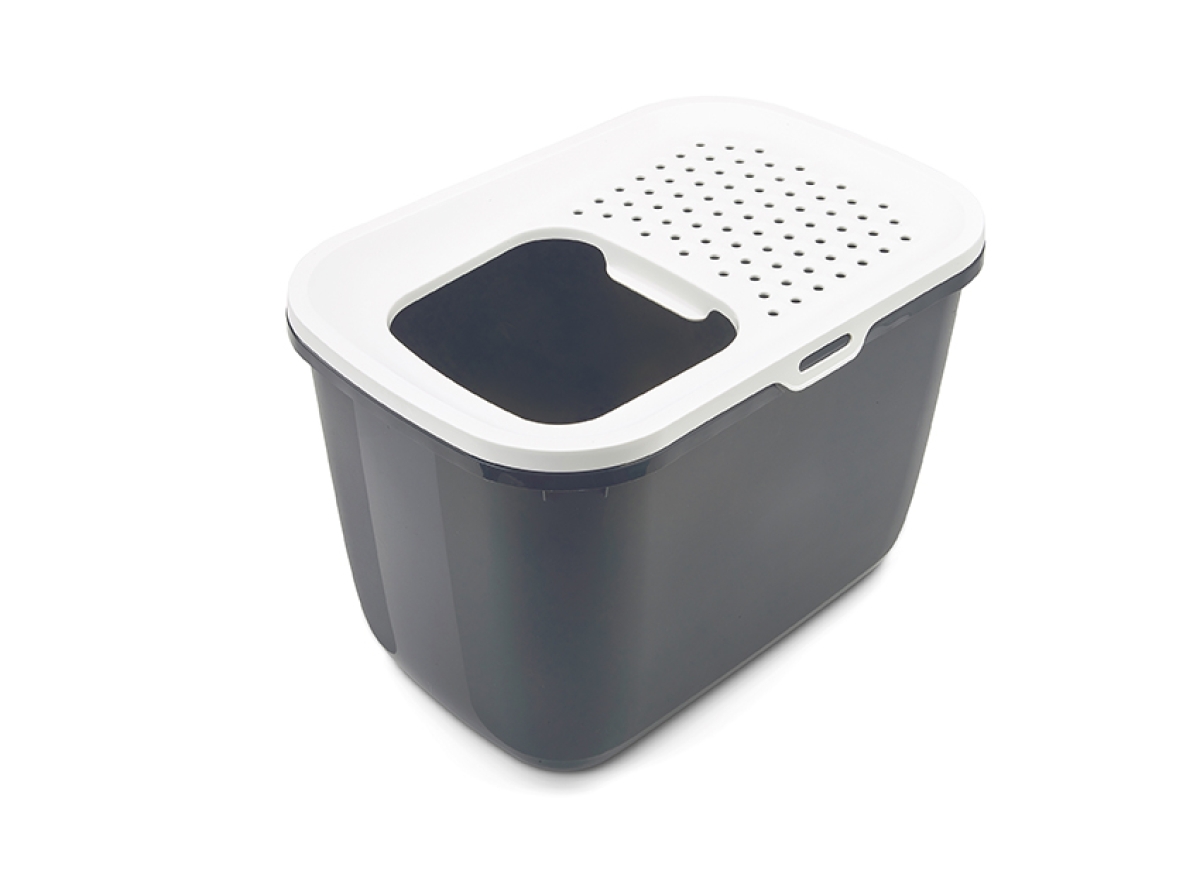 Top view of Savic Hop In Anthracite top-entry cat litter tray with perforated white lid and modern design