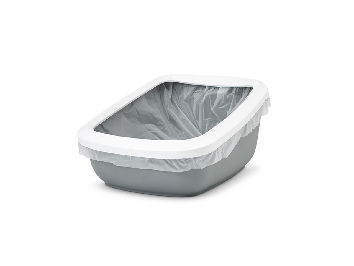 Aseo Jumbo Cool Grey – Large High-Back Cat Litter Tray Savic Aseo Jumbo Cool Grey large high-back cat litter tray with white rim and Bag It Up Jumbo liners